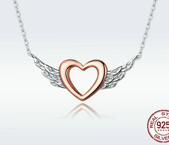 Heart Shaped Wings Necklace Dual Tone Sterling Silver 925 Exquisite Accessory