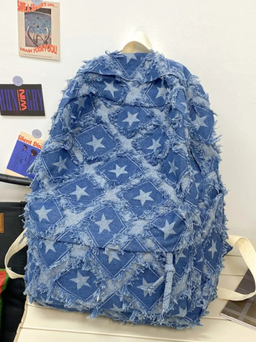 Star Denim Backpack Distressed Frayed Edge Casual Medium School Rucksack Bag