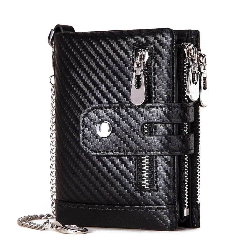 Men's Genuine Leather Wallet Bifold RFID Blocking Card Holder Chain