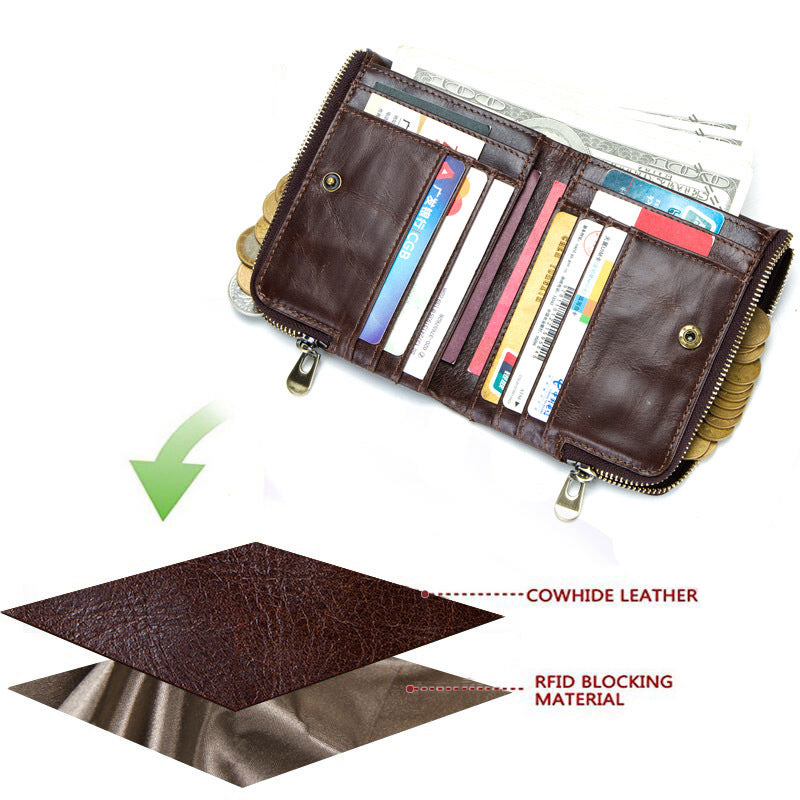 RFID Blocking Genuine Leather Wallet Mens Double Zip Card Holder Purse
