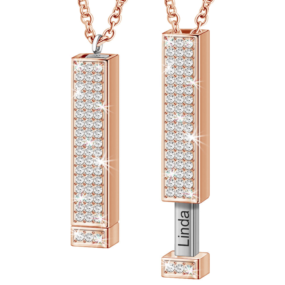 Personalised Retractable Rose Gold Necklace with Diamond Inlay and Custom Engraving