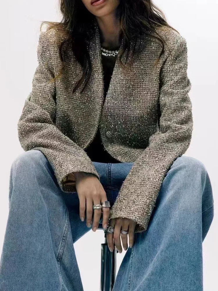 Women's Tweed Jacket Sparkly Elegant Blazer Polyester & Spandex Luxury Fashion