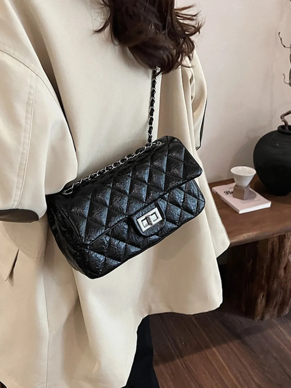 Synthetic Leather Rhombus Pattern Twist Lock Crossbody Shoulder Bag Women's Fashion