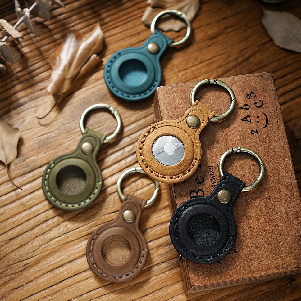 Top Layer Leather Keychain Protective Case for AirTag Cowhide Anti-Loss Holder