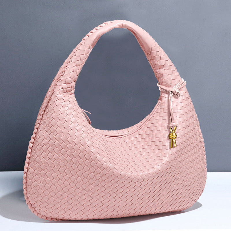 Large Women's Crescent Woven Handbag Zip Closure Daily Use Bag