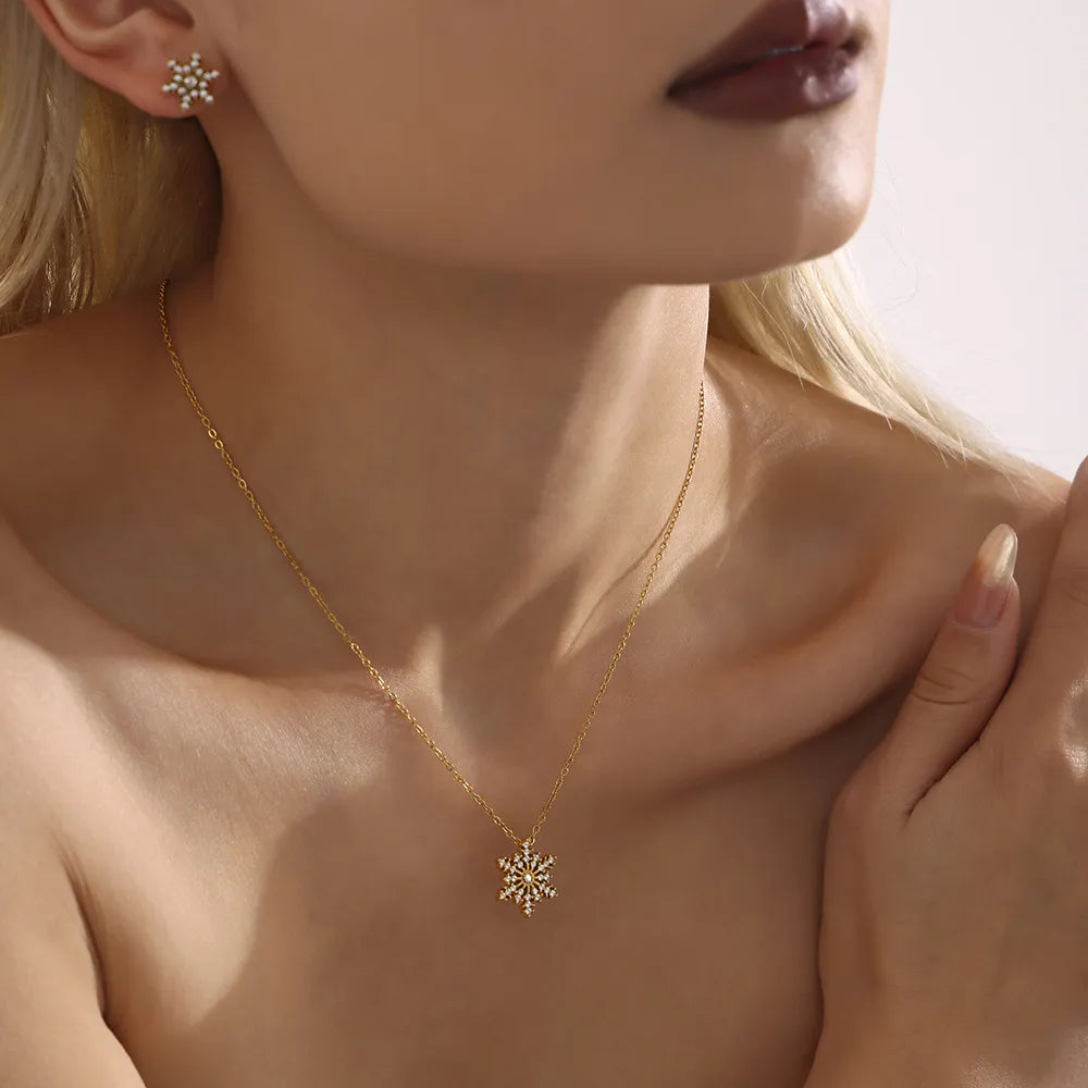 Stainless Steel Zircon Snowflake Necklace Gold-Tone Elegant Jewellery