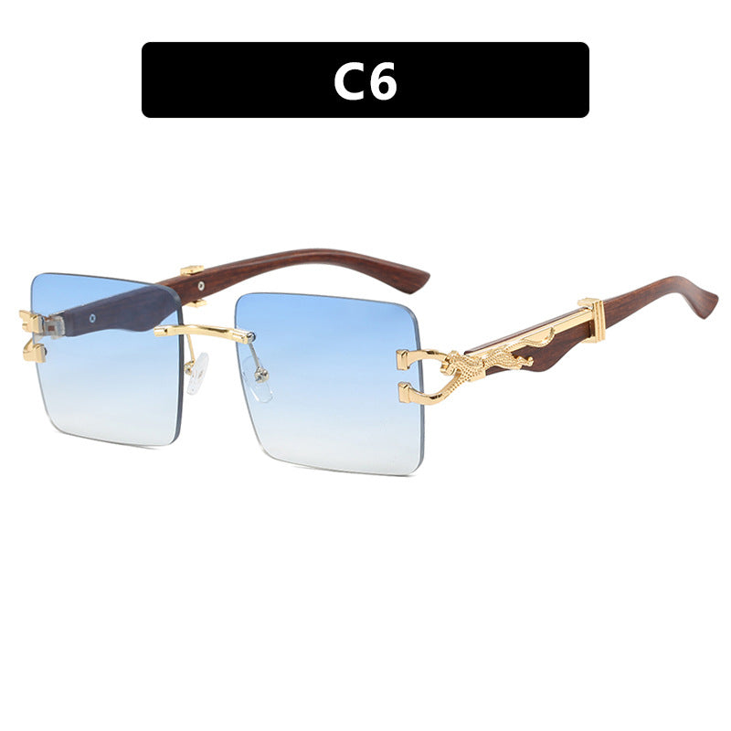 Women's Wooden Frameless Square UV400 Sunglasses Slim Leopard Print Protection