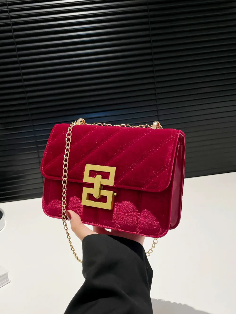 Small Faux Leather Chain Shoulder Bag, Gold-Tone Chain, Crossbody Handbag