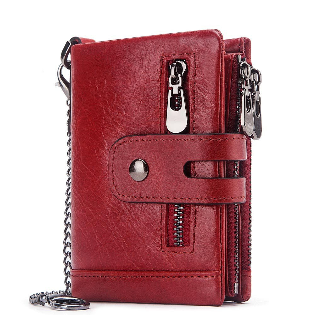 Men's Genuine Leather Wallet Bifold RFID Blocking Card Holder Chain