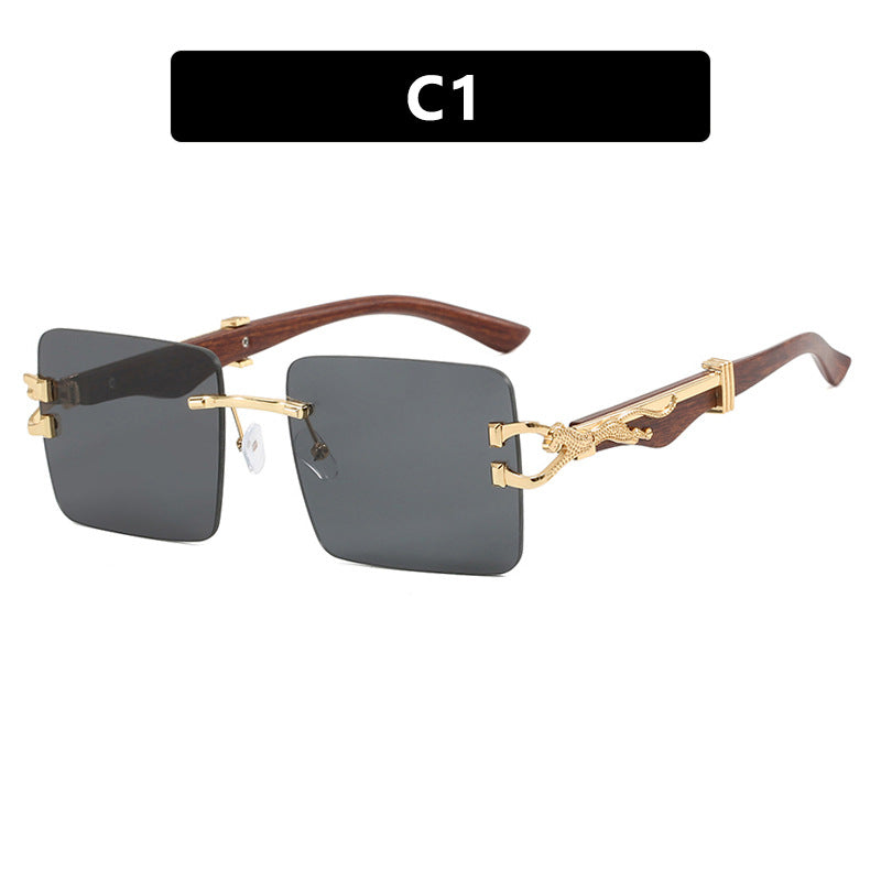 Women's Wooden Frameless Square UV400 Sunglasses Slim Leopard Print Protection