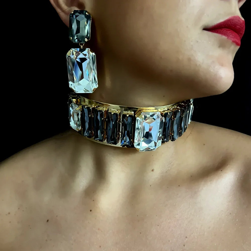 Oversized Rhinestone Choker Necklace Set Indian Bridal Wedding Jewellery Gold