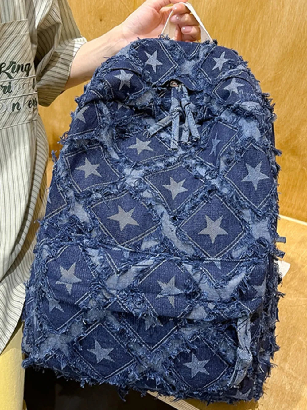 Star Denim Backpack Distressed Frayed Edge Casual Medium School Rucksack Bag