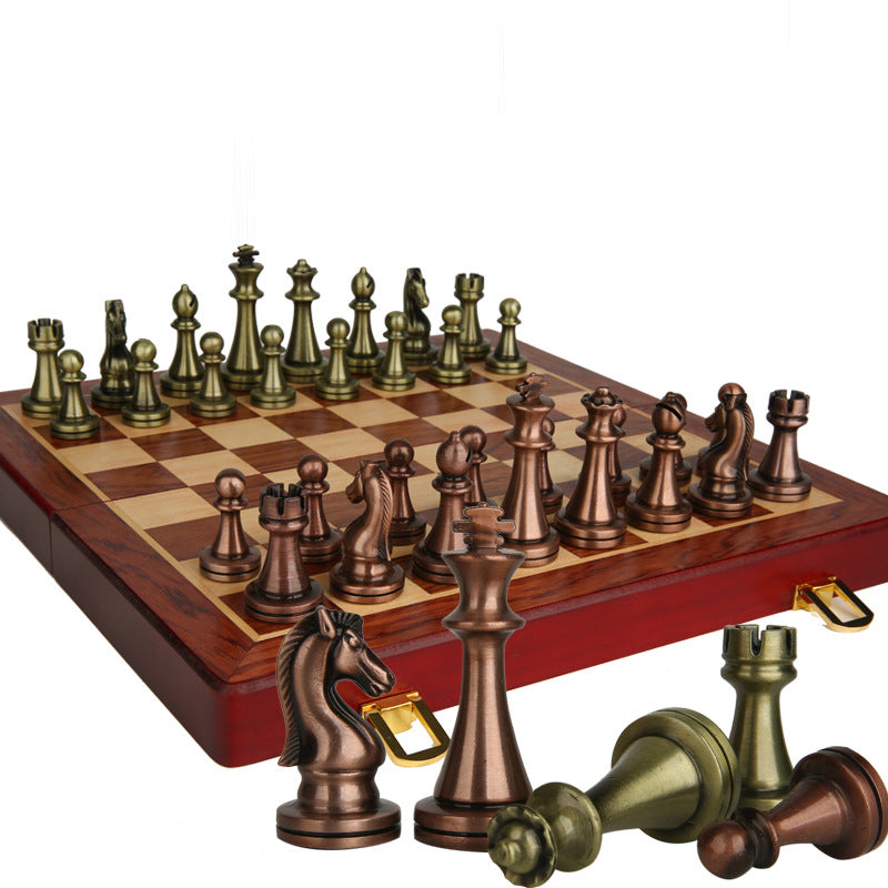 Vintage Metal Chess Set Premium Wooden Board Exclusive Collector Storage Case