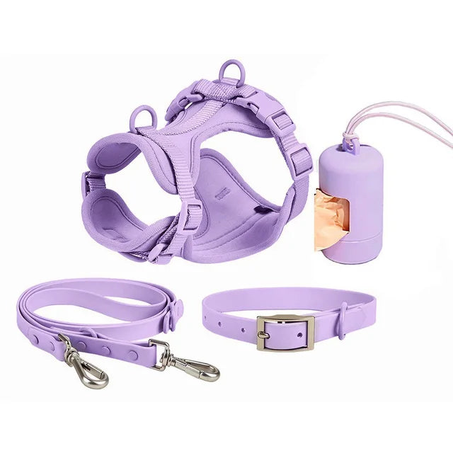 4pc Premium Waterproof PVC Neoprene Pet Harness Leash Collar Bag Dispenser Set