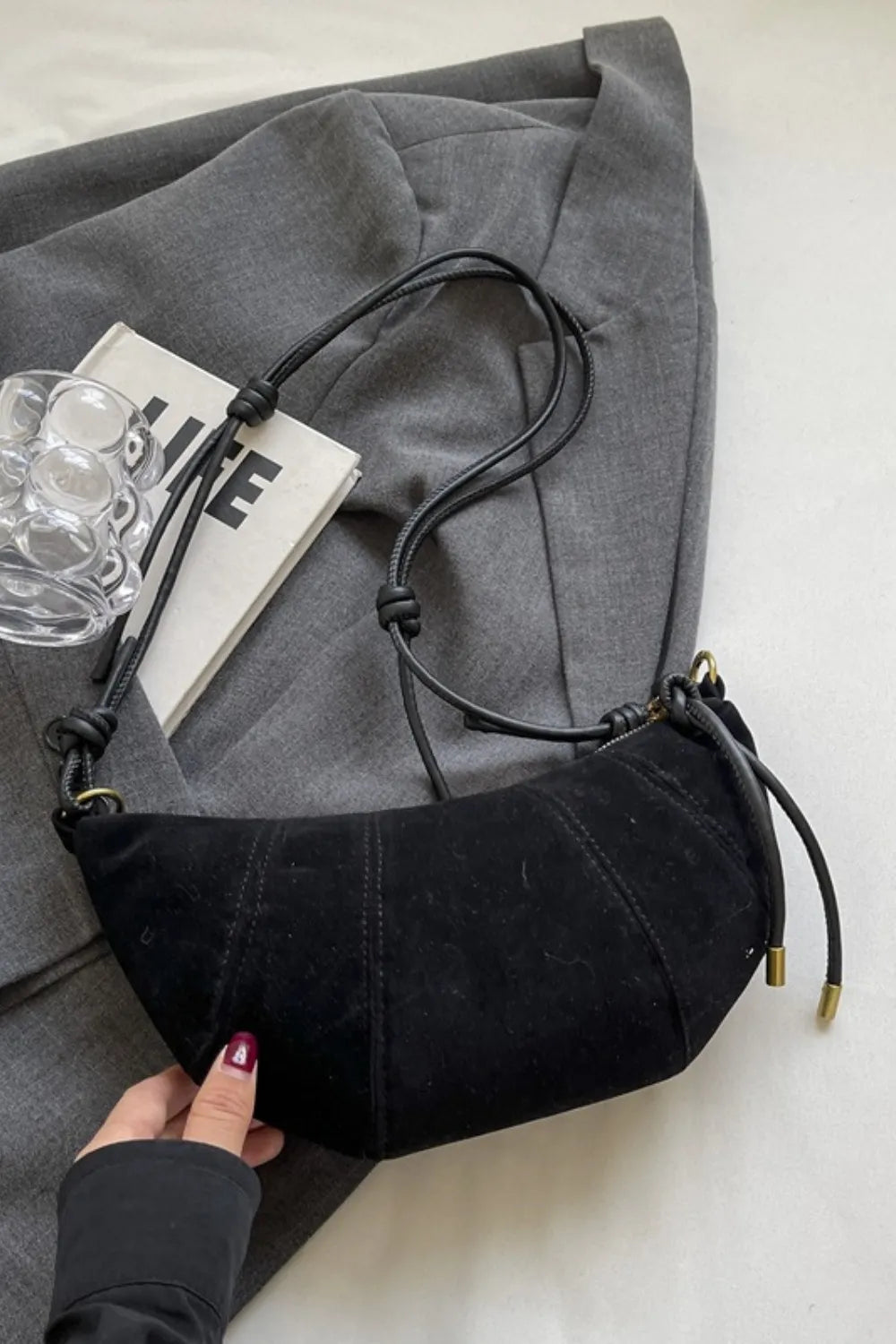 Suede Shoulder Bag Faux Leather Strap Women's Zip Closure Spacious Interior
