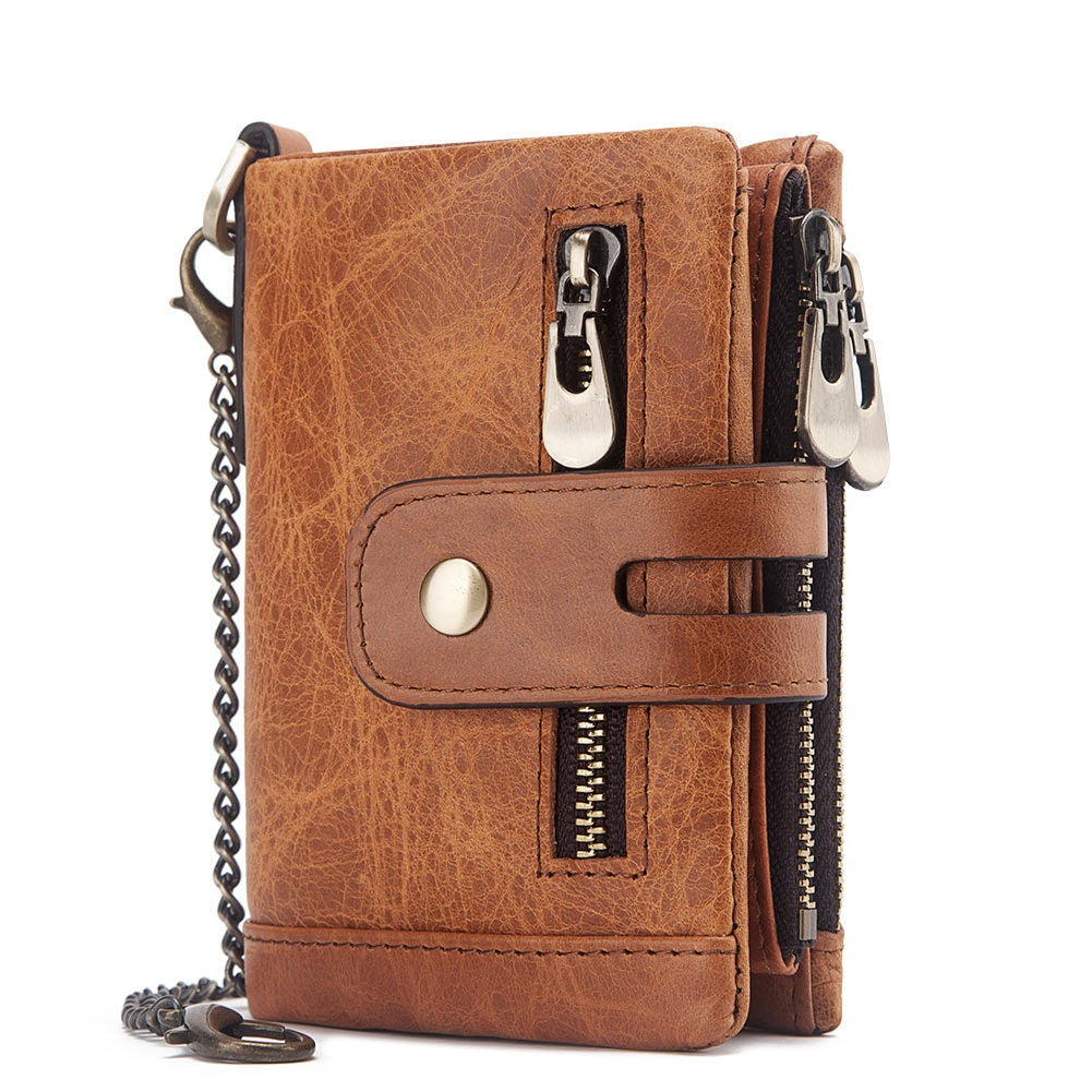 Men's Genuine Leather Wallet Bifold RFID Blocking Card Holder Chain