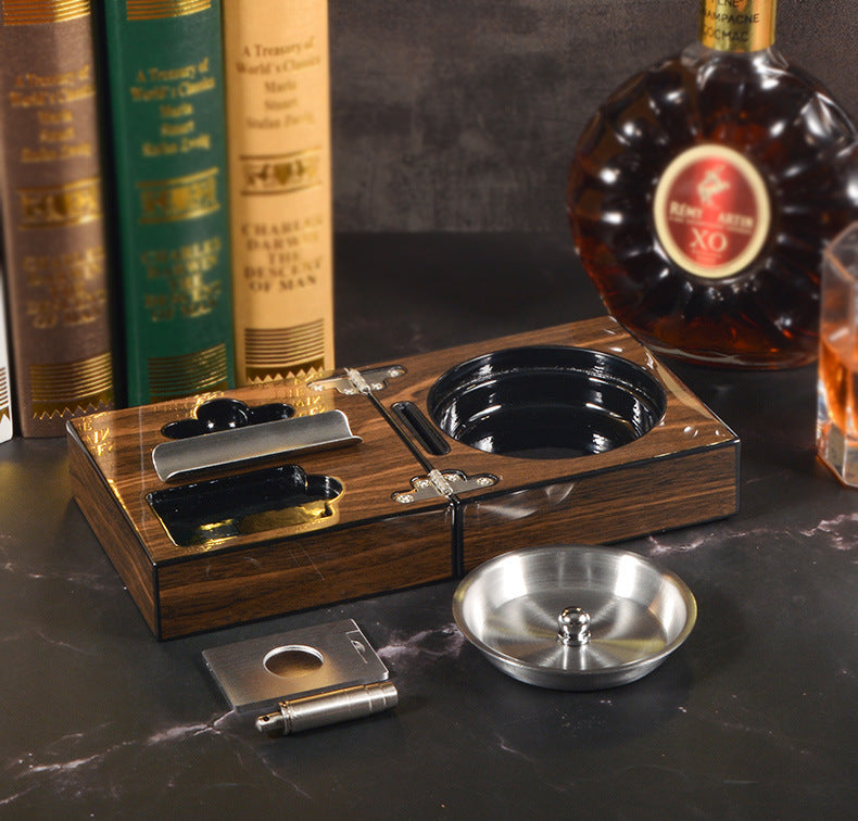 Walnut Wood Cigar Ashtray Set with Cutter Holder Drill Ashtray Compact Design Gift
