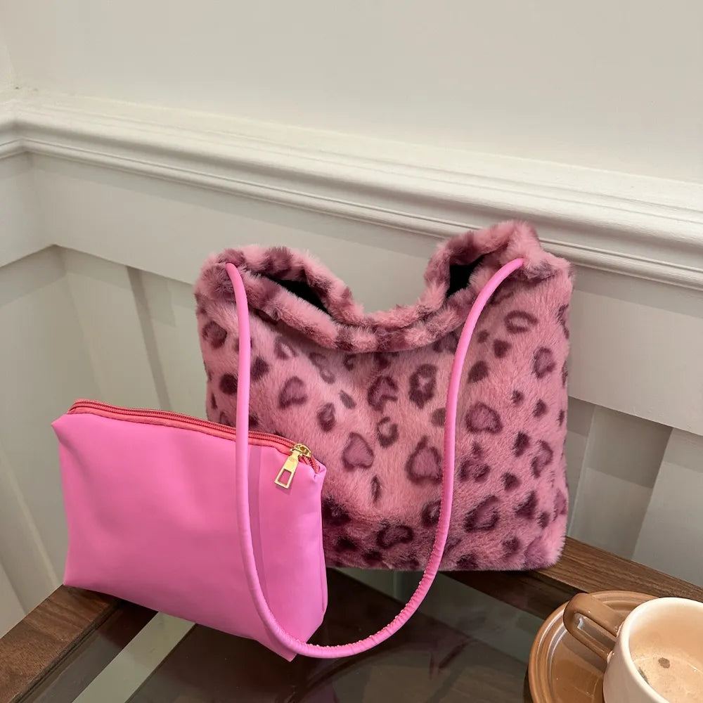 Leopard Print Shoulder Bag Furry Crossbody Spacious Lightweight Stylish Accessory