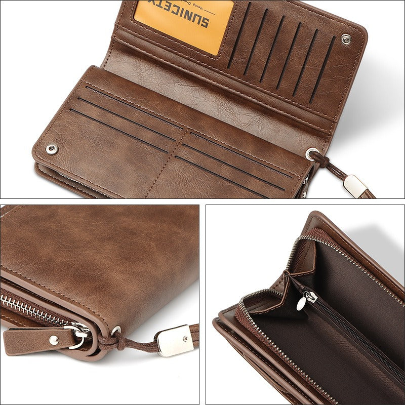 Men's Faux Leather Wallet Large Capacity Zipper Phone Slot Secure Storage Executive