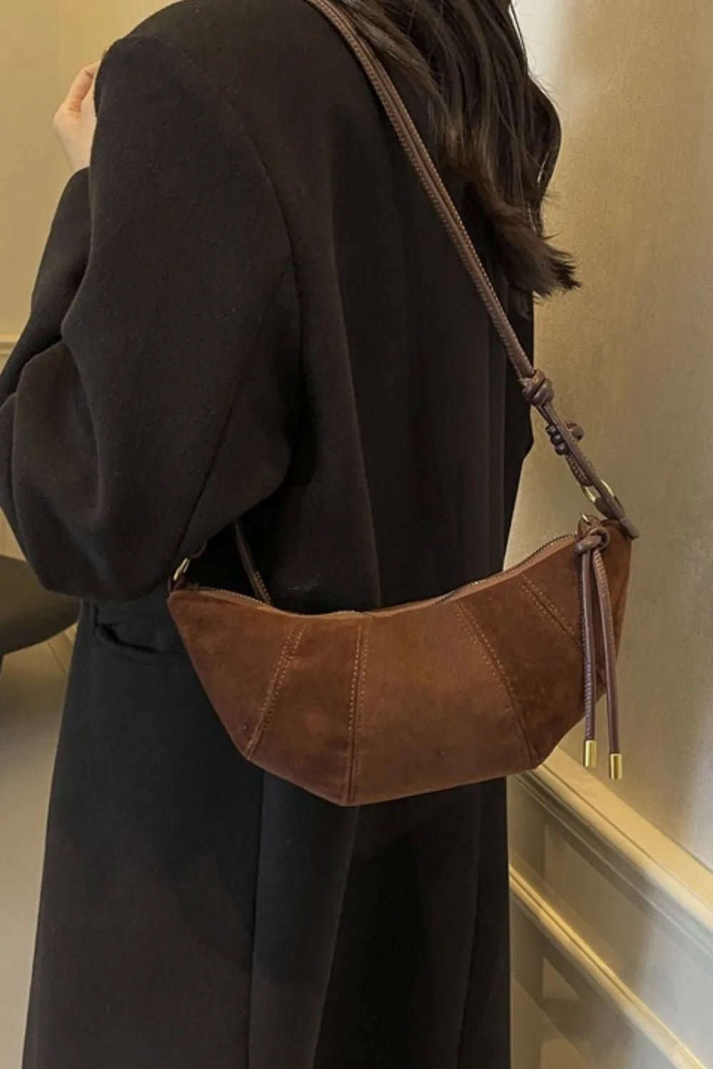 Suede Shoulder Bag Faux Leather Strap Women's Zip Closure Spacious Interior