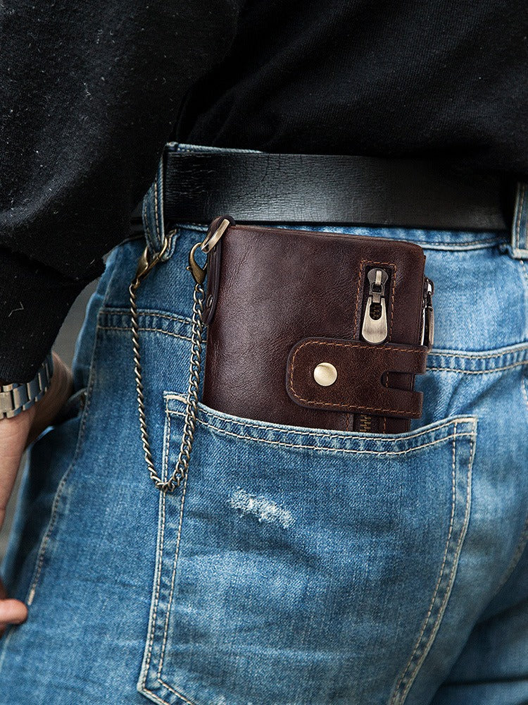 Men's Genuine Leather Wallet Bifold RFID Blocking Card Holder Chain