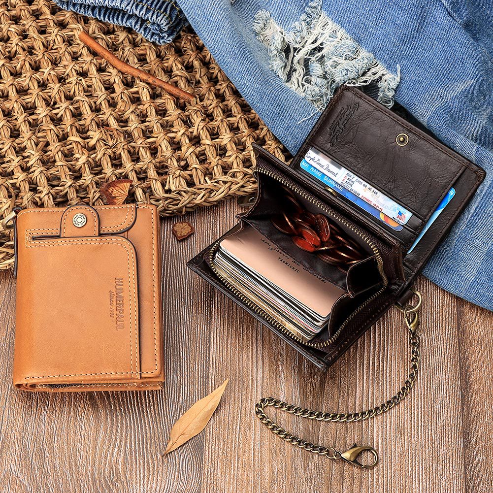 Leather Men's Wallet RFID Blocking Anti-Magnetic Zipper Multiple Card Slots Secure