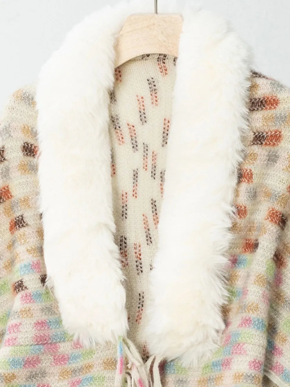 Fuzzy Fringe Open Front Poncho Wrap for Women Autumn Knitted Shawl Cape