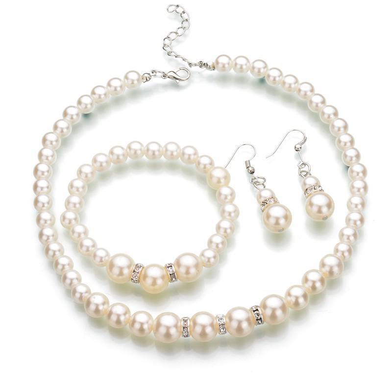 3pc Pearl Jewellery Set Necklace Earrings & Bracelet Women’s Jewellery