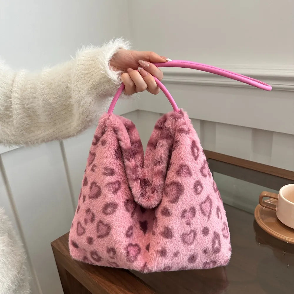 Leopard Print Shoulder Bag Furry Crossbody Spacious Lightweight Stylish Accessory