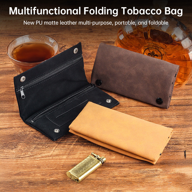 Multifunctional Leather Tobacco Pouch Zippered Foldable Moisture-Retaining