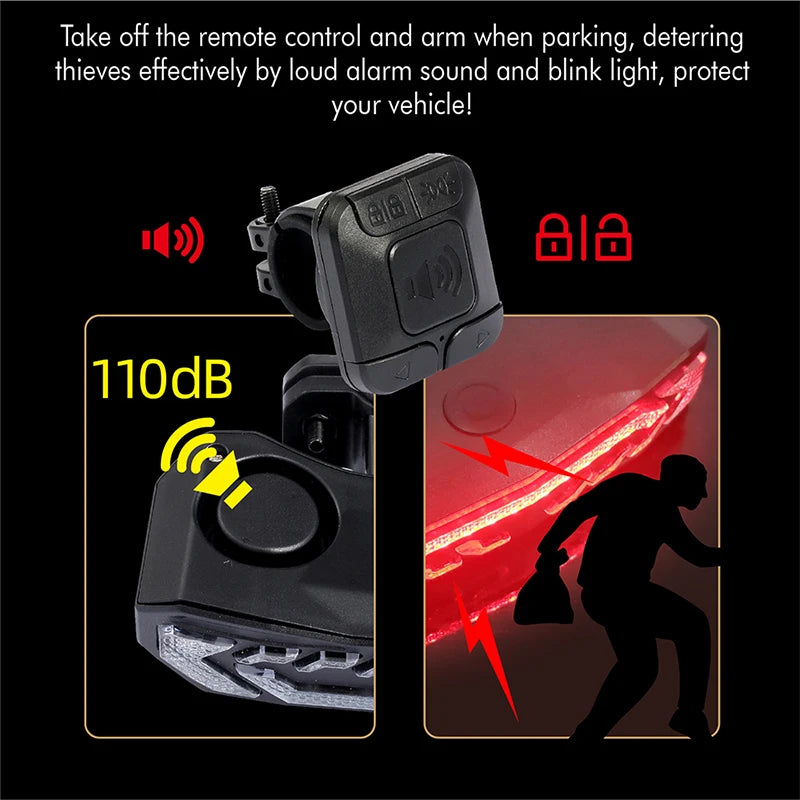 Bike Alarm Tail Light USB Rechargeable Waterproof Multifunctional Bicycle Rear Lamp
