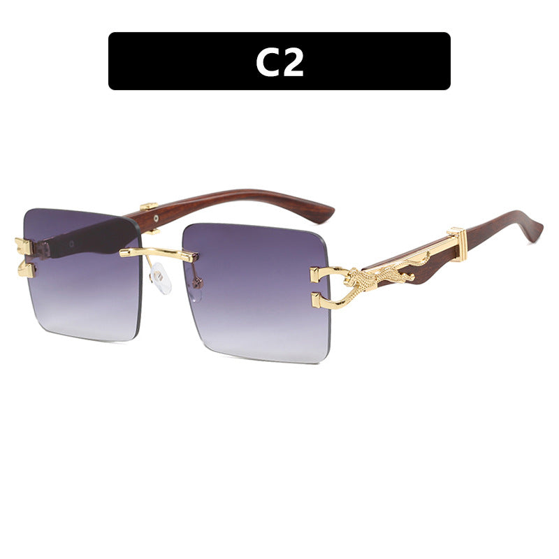 Women's Wooden Frameless Square UV400 Sunglasses Slim Leopard Print Protection