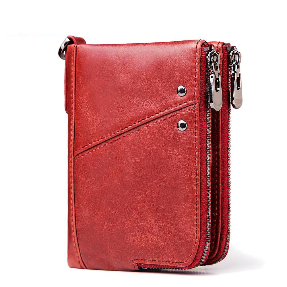 RFID Blocking Genuine Leather Wallet Mens Double Zip Card Holder Purse