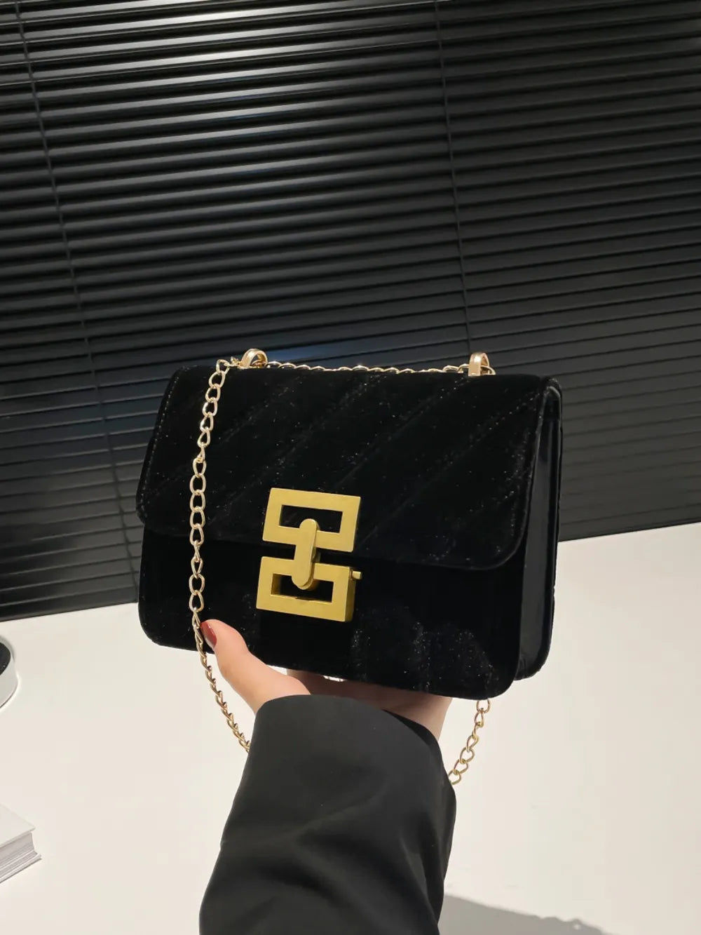 Small Faux Leather Chain Shoulder Bag, Gold-Tone Chain, Crossbody Handbag