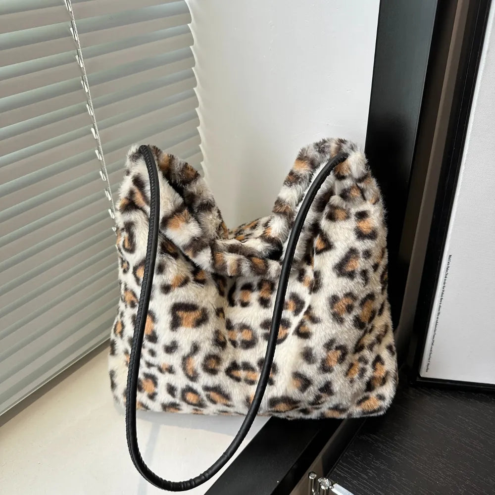 Leopard Print Shoulder Bag Furry Crossbody Spacious Lightweight Stylish Accessory