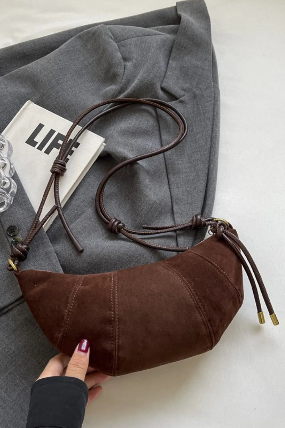 Suede Shoulder Bag Faux Leather Strap Women's Zip Closure Spacious Interior