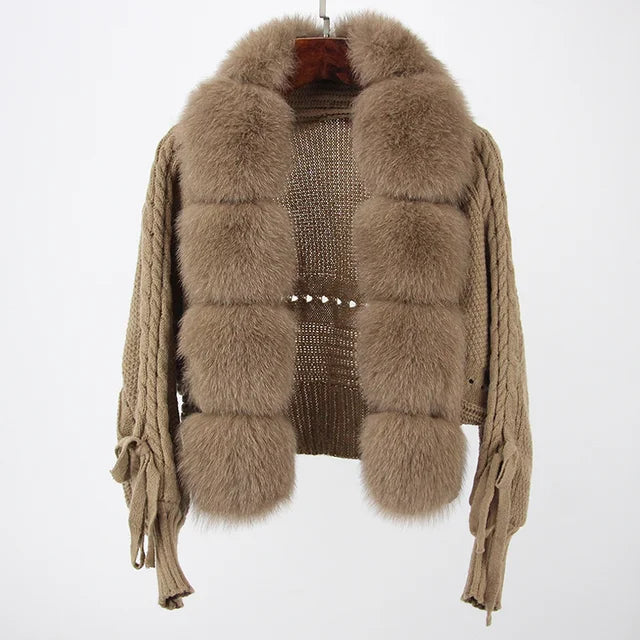 Women's Knitted Premium Faux Fur Coat V Neck Patchworks Full Sleeve Winter Jacket