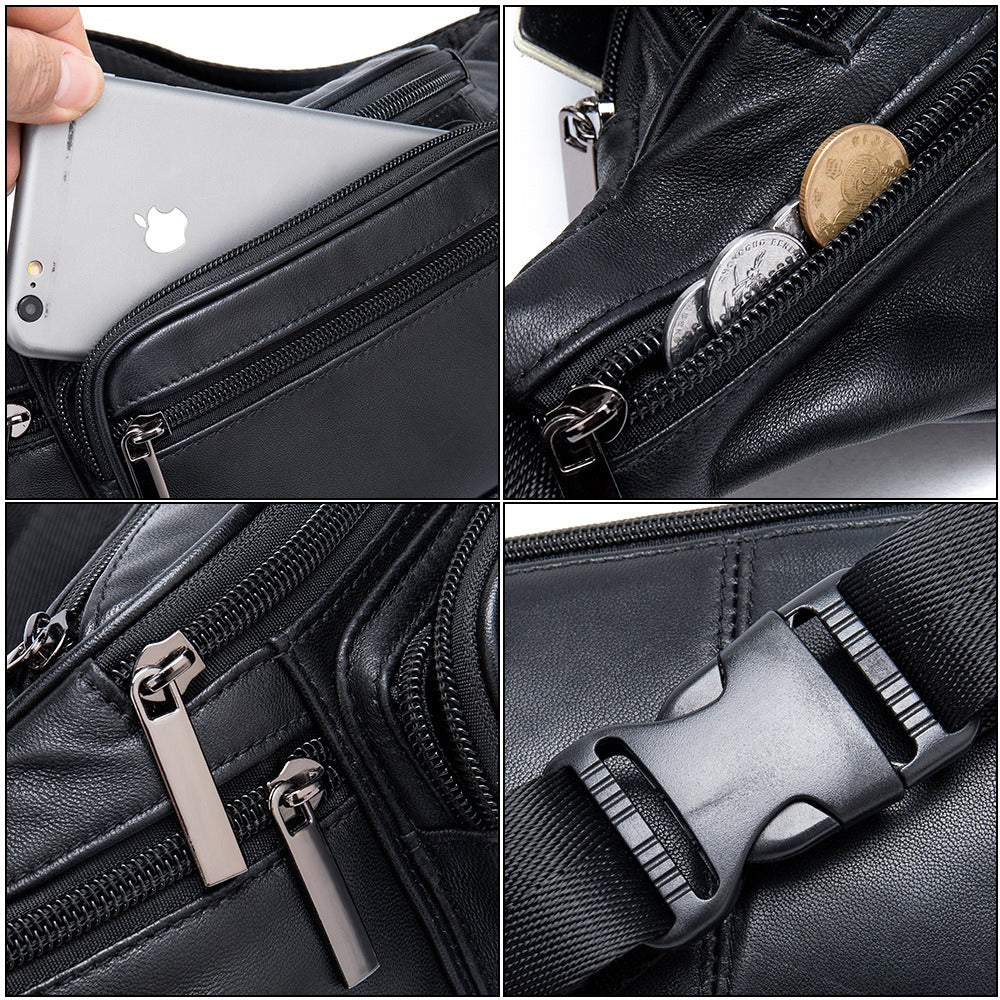 Men's Genuine Cowhide Sheepskin Waist Bag Leather Crossbody Sports Travel Bum Bag
