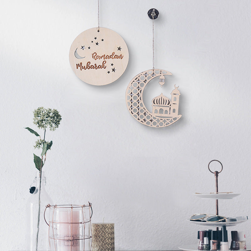 Ramadan Wooden Moon Circle Wall Hanging Mosque Ornament Mubarak Sign Living Room