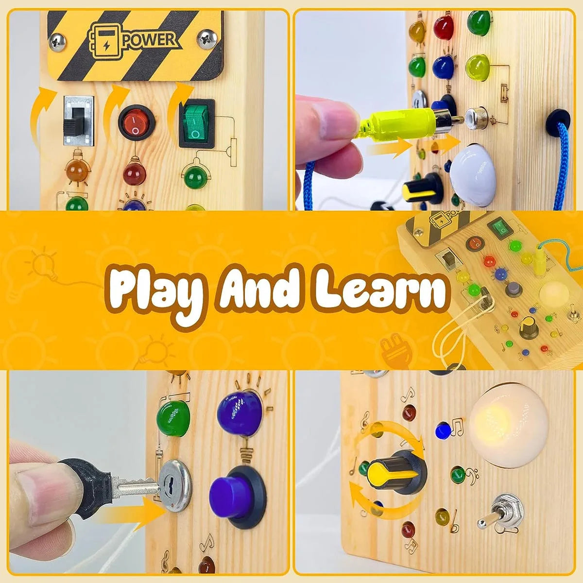 Montessori Wooden LED Busy Board Sensory Toy with Switches for Kids 2-4 Years
