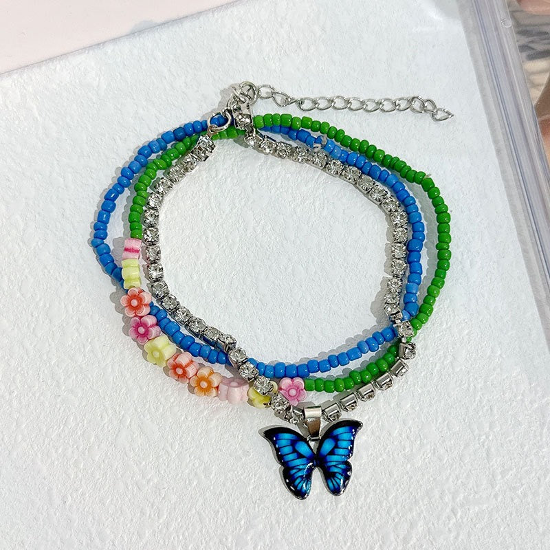 Multi-Layer Handmade Beaded Butterfly Dangle Floral Anklet Crystal Jewellery