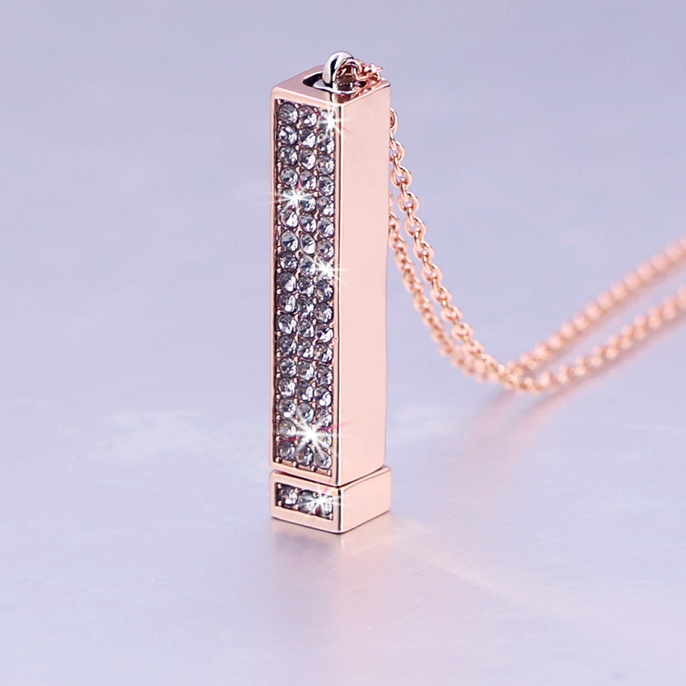 Personalised Retractable Rose Gold Necklace with Diamond Inlay and Custom Engraving