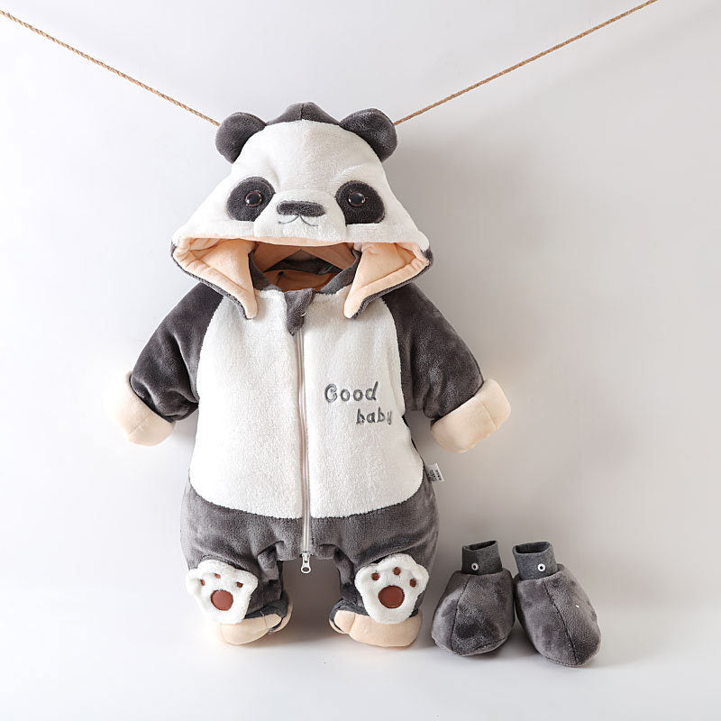 Newborn Baby Winter Hooded Panda Animal Outfit Thick Jumpsuit Removable Hat Shoe