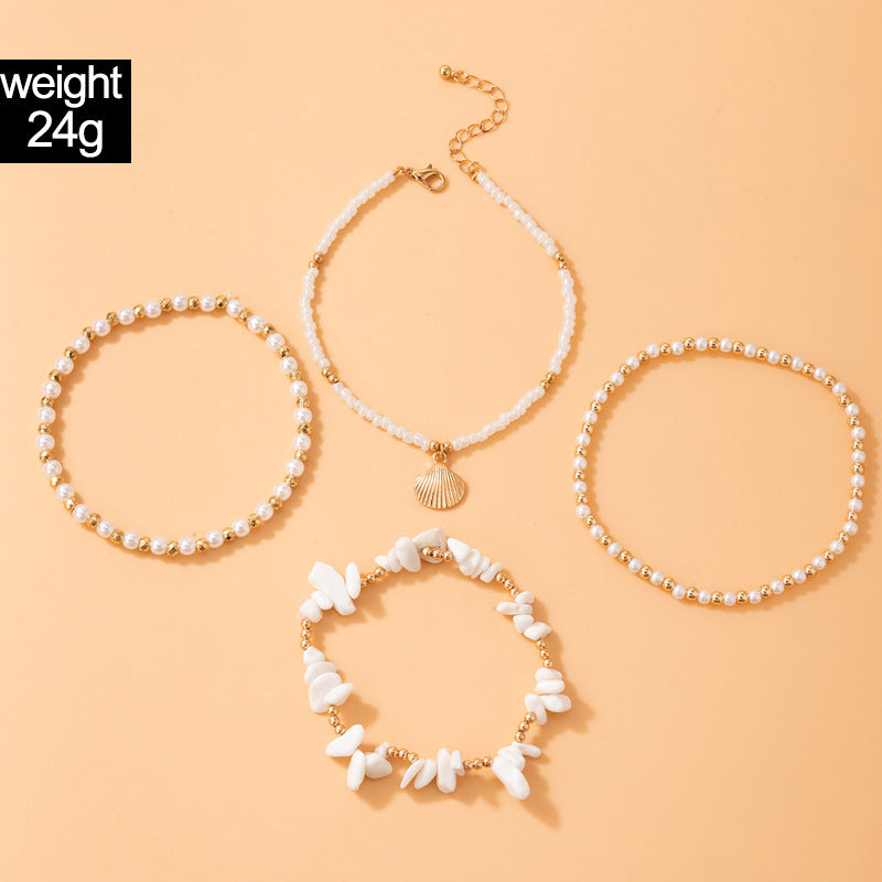 Set of 4 Beach Holiday Beaded Multi-layer Anklet Pearl Dangle Jewellery Womens