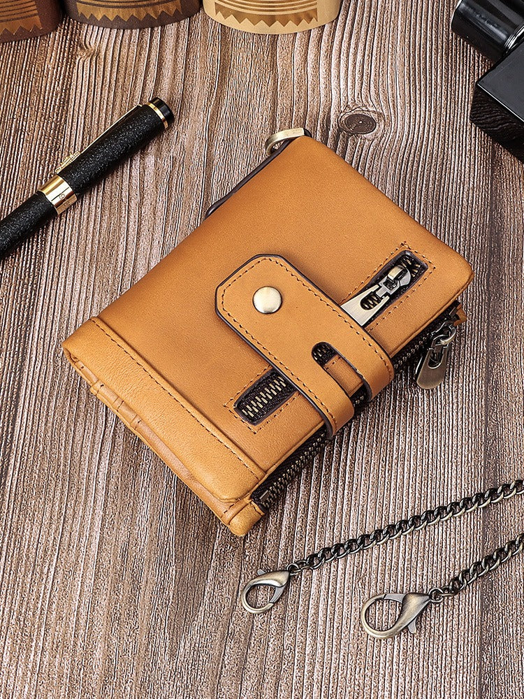 Men's Genuine Leather Wallet Bifold RFID Blocking Card Holder Chain