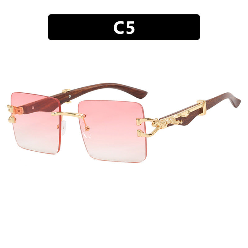 Women's Wooden Frameless Square UV400 Sunglasses Slim Leopard Print Protection