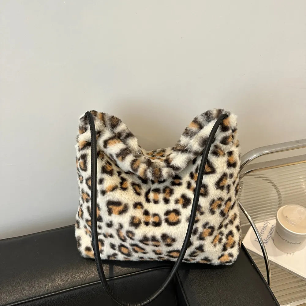 Leopard Print Shoulder Bag Furry Crossbody Spacious Lightweight Stylish Accessory