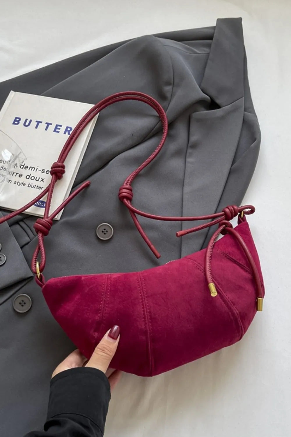 Suede Shoulder Bag Faux Leather Strap Women's Zip Closure Spacious Interior