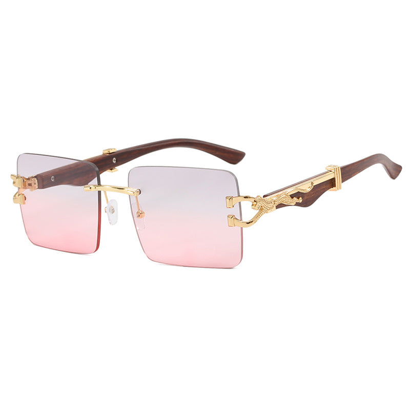 Women's Wooden Frameless Square UV400 Sunglasses Slim Leopard Print Protection