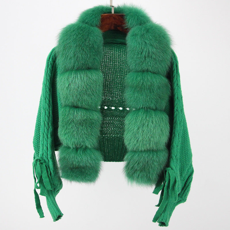 Women's Knitted Premium Faux Fur Coat V Neck Patchworks Full Sleeve Winter Jacket